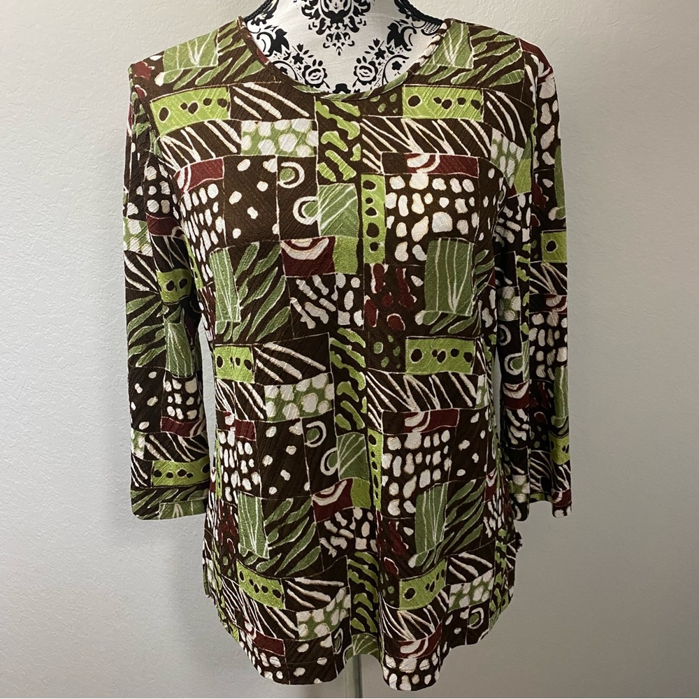 Koret Petite blouse Size M PETITE 3/4 Sleeve Stretch Green Brown top